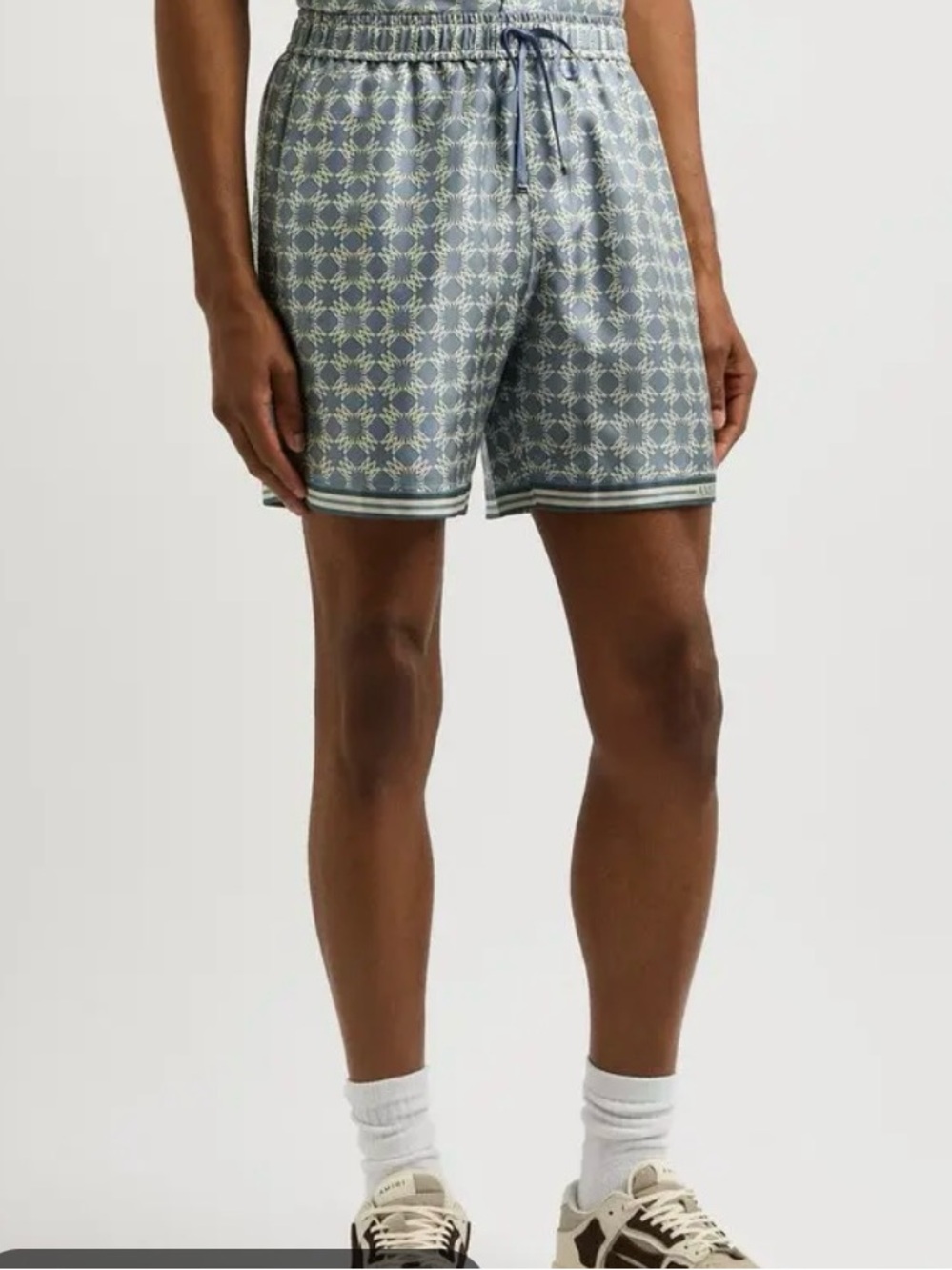 Authentic AMIRI MA Quad Monogram Silk Shorts – Dusty Blue/Ecru Size XL New